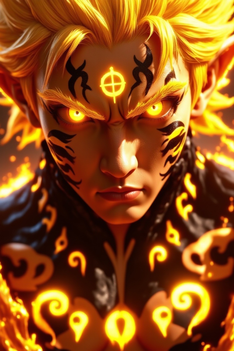 kuramaflare,  close-up of a glowing blond ninja with yellow eyes,  fire energy effects on Tensor.Art