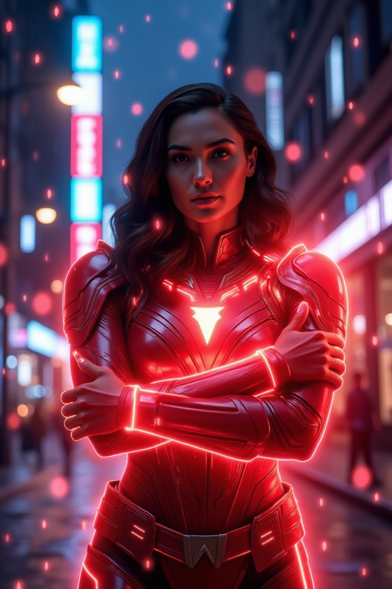 Gal Gabot,  epicwonderaura,  female hero in glowing crimson armor on Tensor.Art