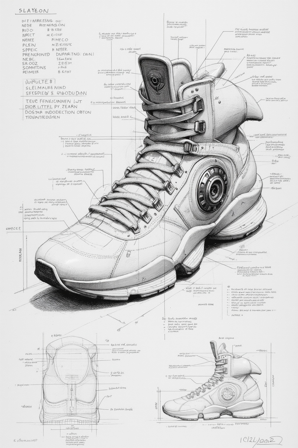 ddd Black and white line drawing The image depicts a detailed technical drawing of a high-top sneaker rendered in pencil....