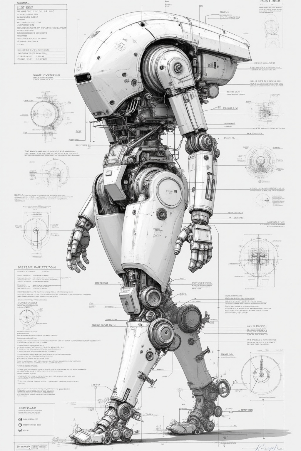 ddd Black and white line drawing The image depicts a detailed technical drawing of a humanoid robot showcasing various com...