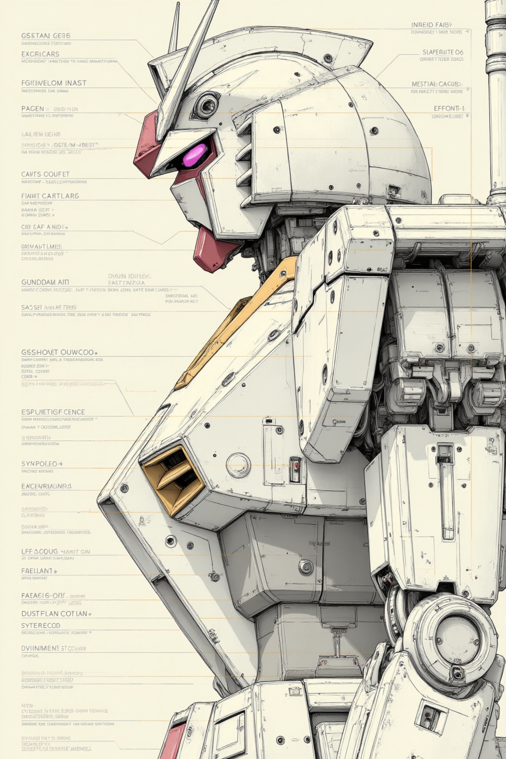 ddd Black and white line drawing The image depicts a detailed illustration of a mecha specifically a Gundam model with var...