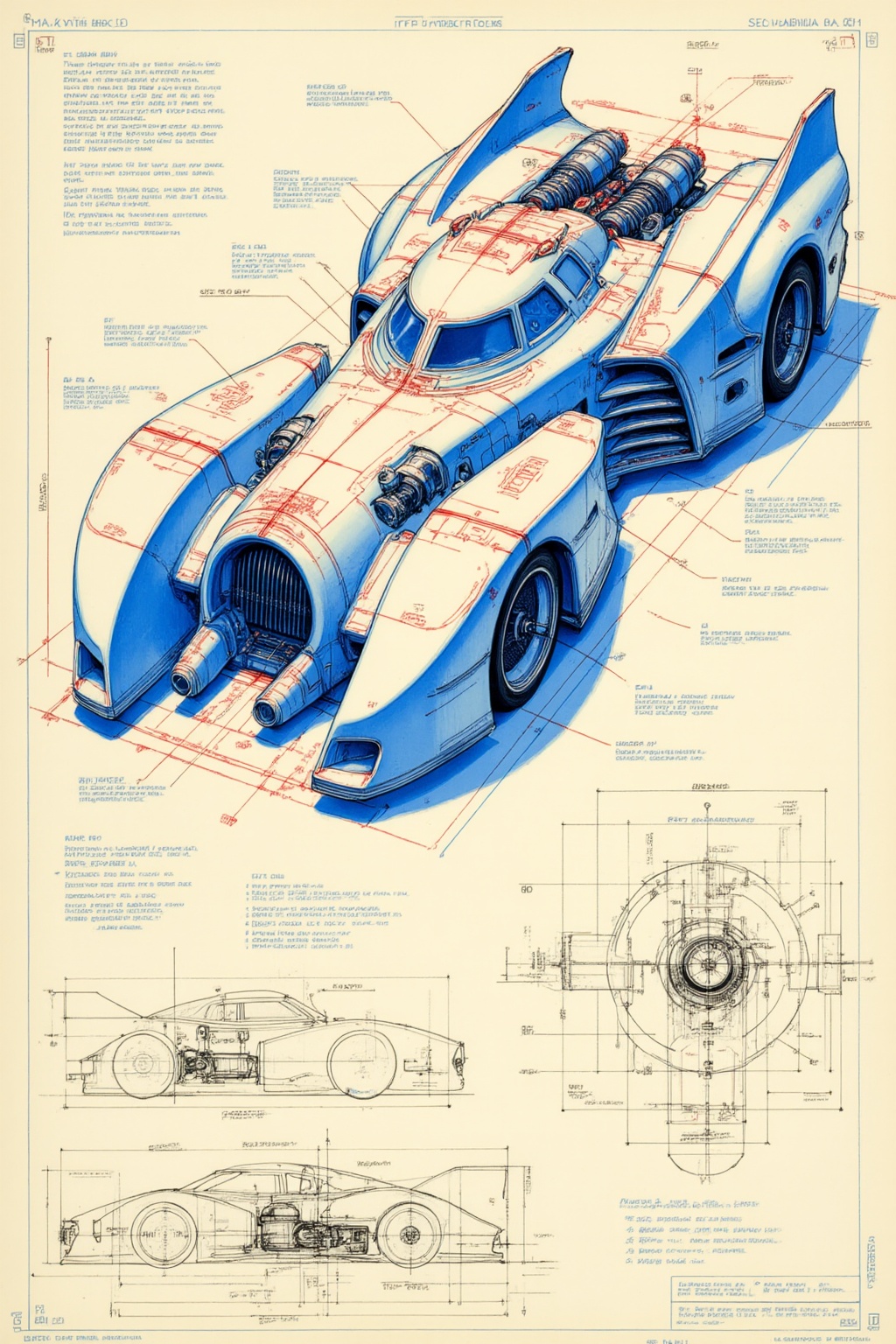 ddd Black and white line drawing The image depicts a detailed technical drawing of a futuristic vehicle likely a concept c...