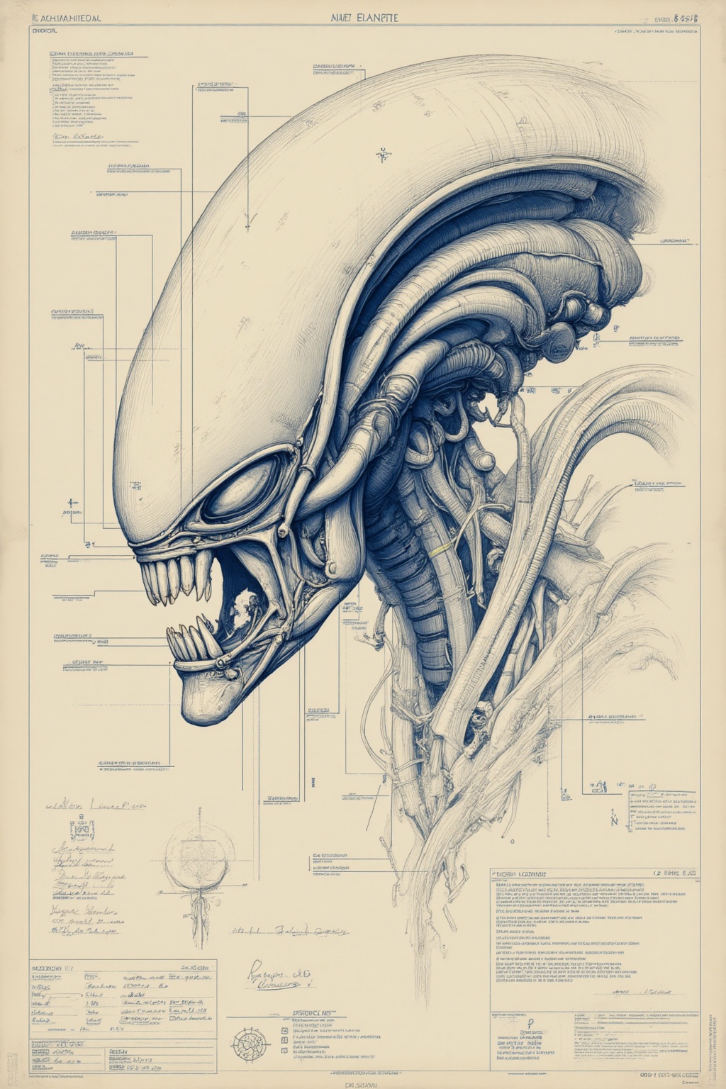 ddd Black and white line drawing The image depicts a detailed anatomical illustration of an extraterrestrial creature like...