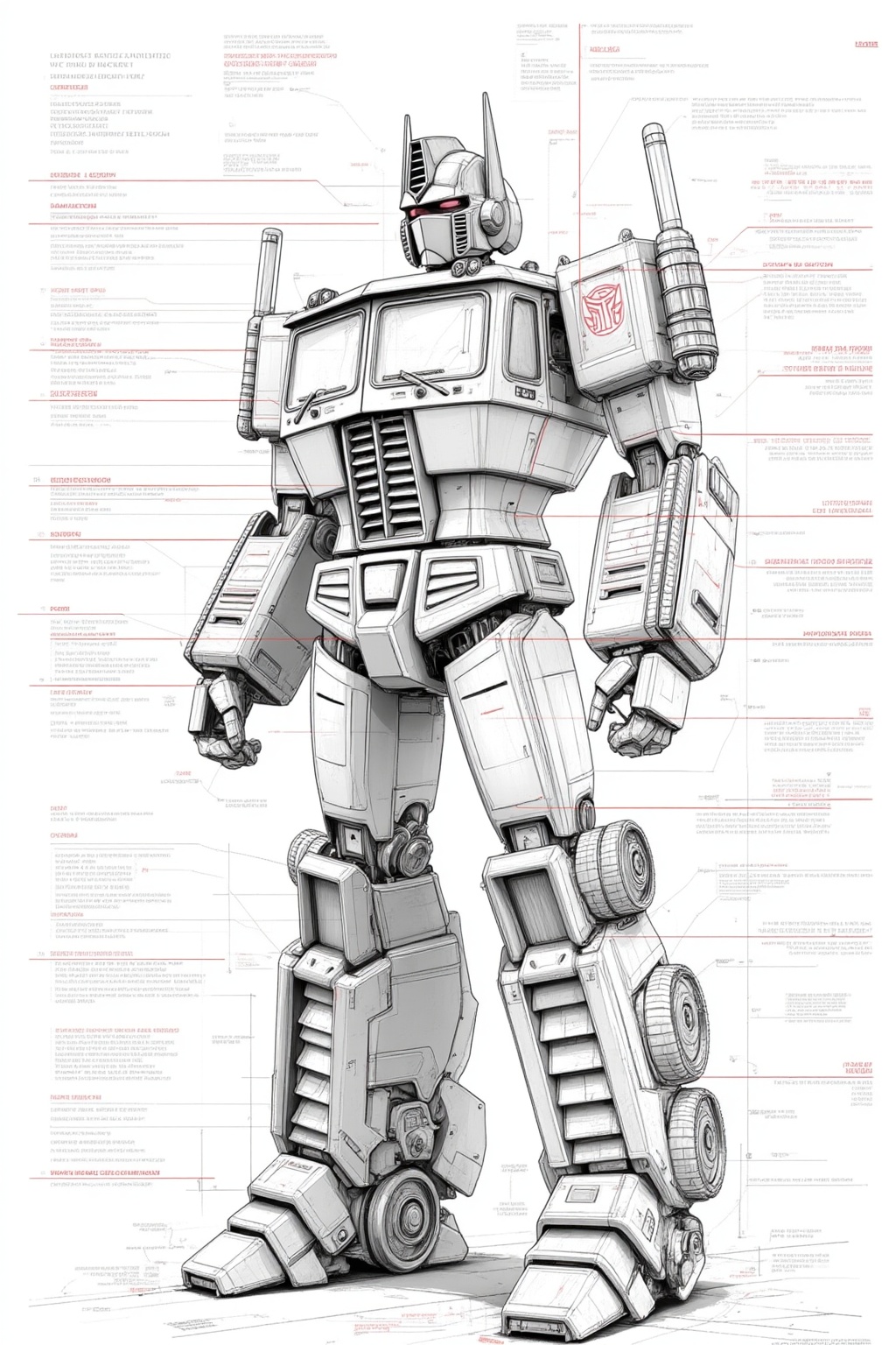 ddd Black and white line drawing The image depicts a detailed blueprint of a large robot which appears to be a character f...