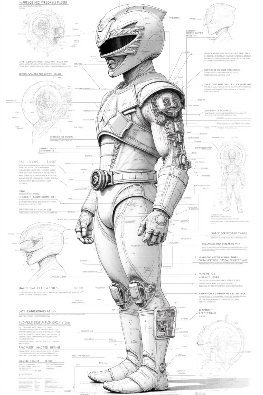 ddd Black and white line drawing The image depicts a detailed technical drawing of a futuristic character in a costume acc...
