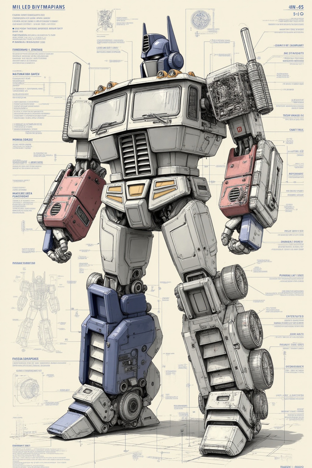 ddd Black and white line drawing The image depicts a detailed blueprint of a large robot which appears to be a character f...