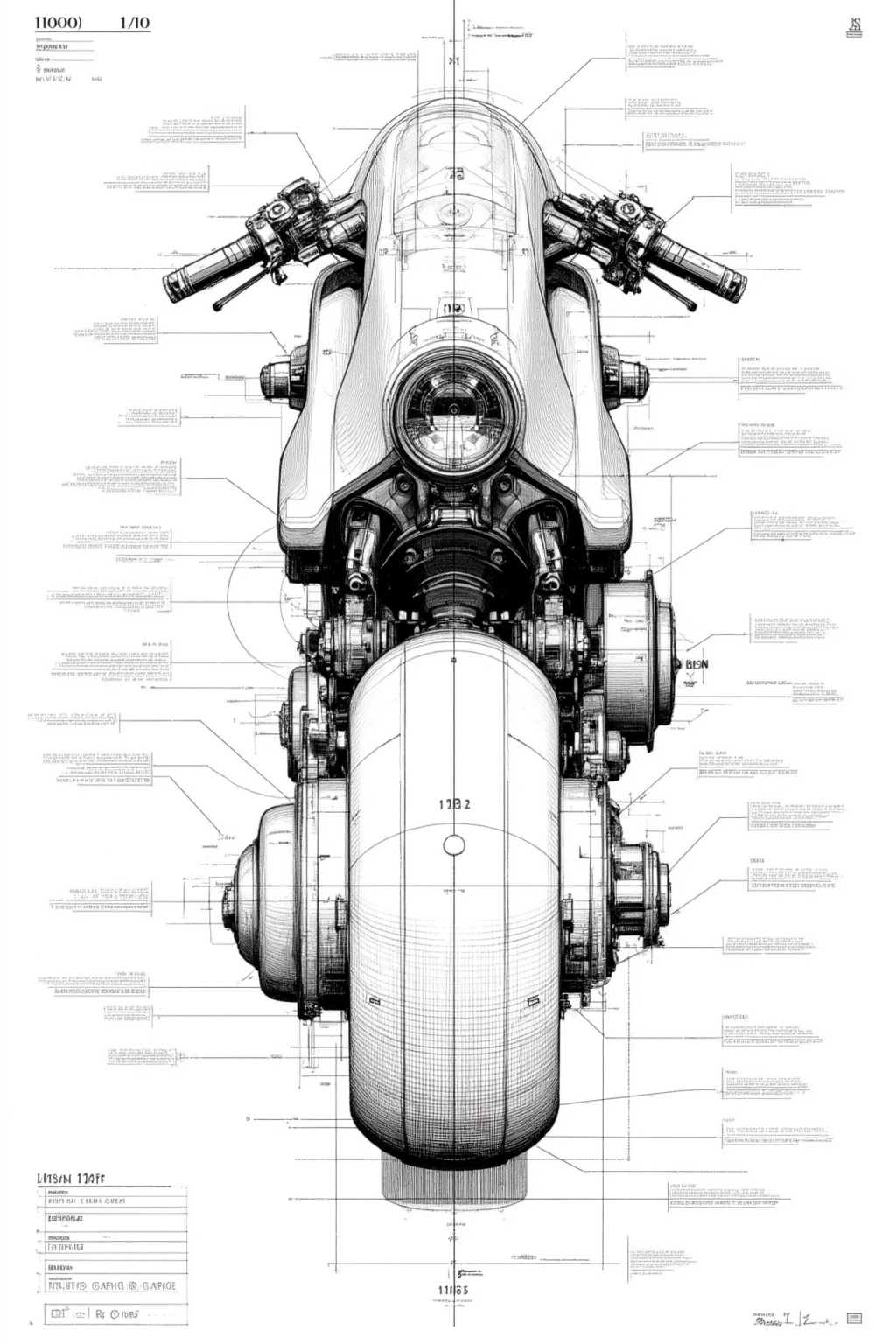 ddd Black and white line drawing The image is a detailed technical drawing of a motorcycle showcasing various components a...