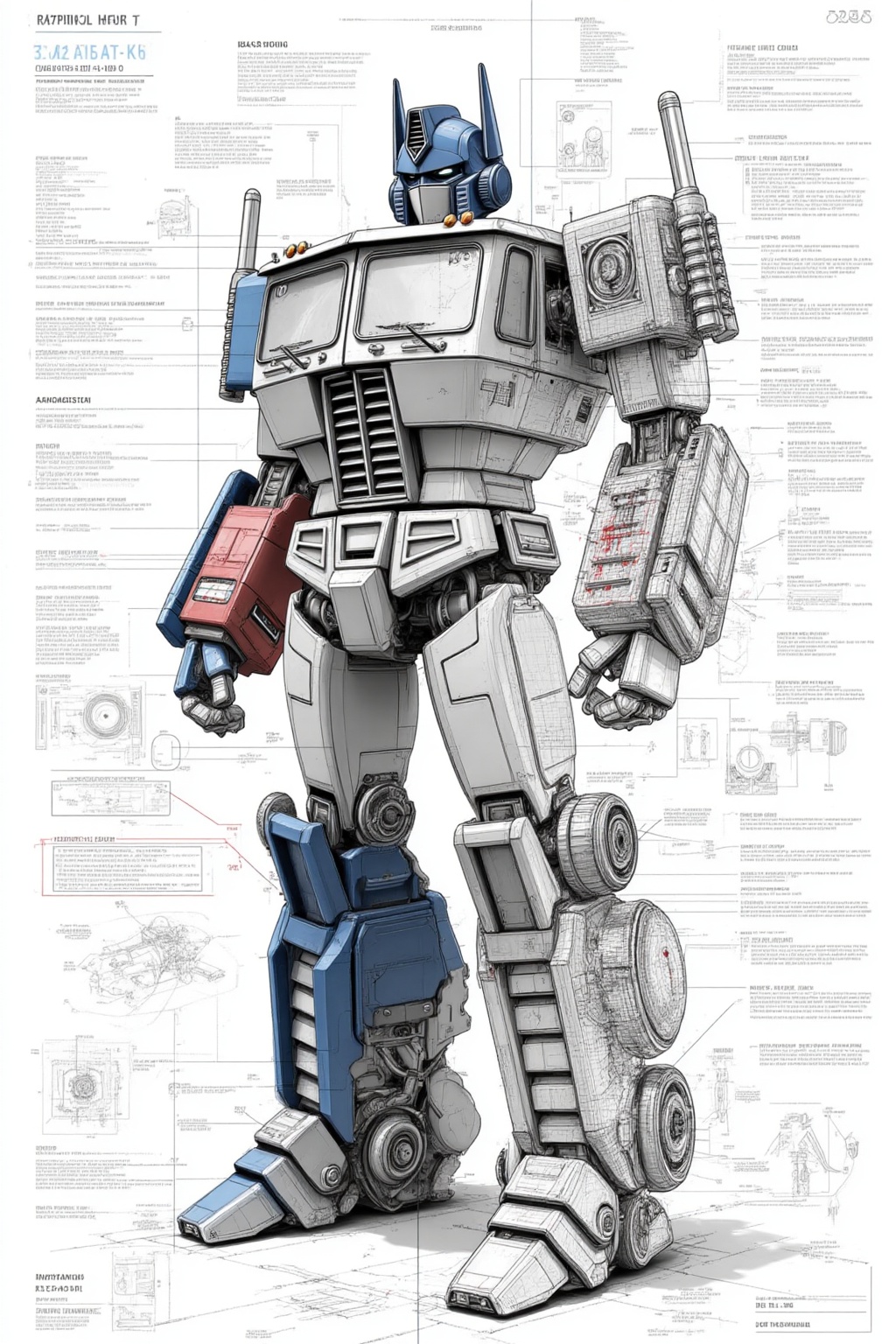 ddd Black and white line drawing The image depicts a detailed blueprint of a large robot which appears to be a character f...