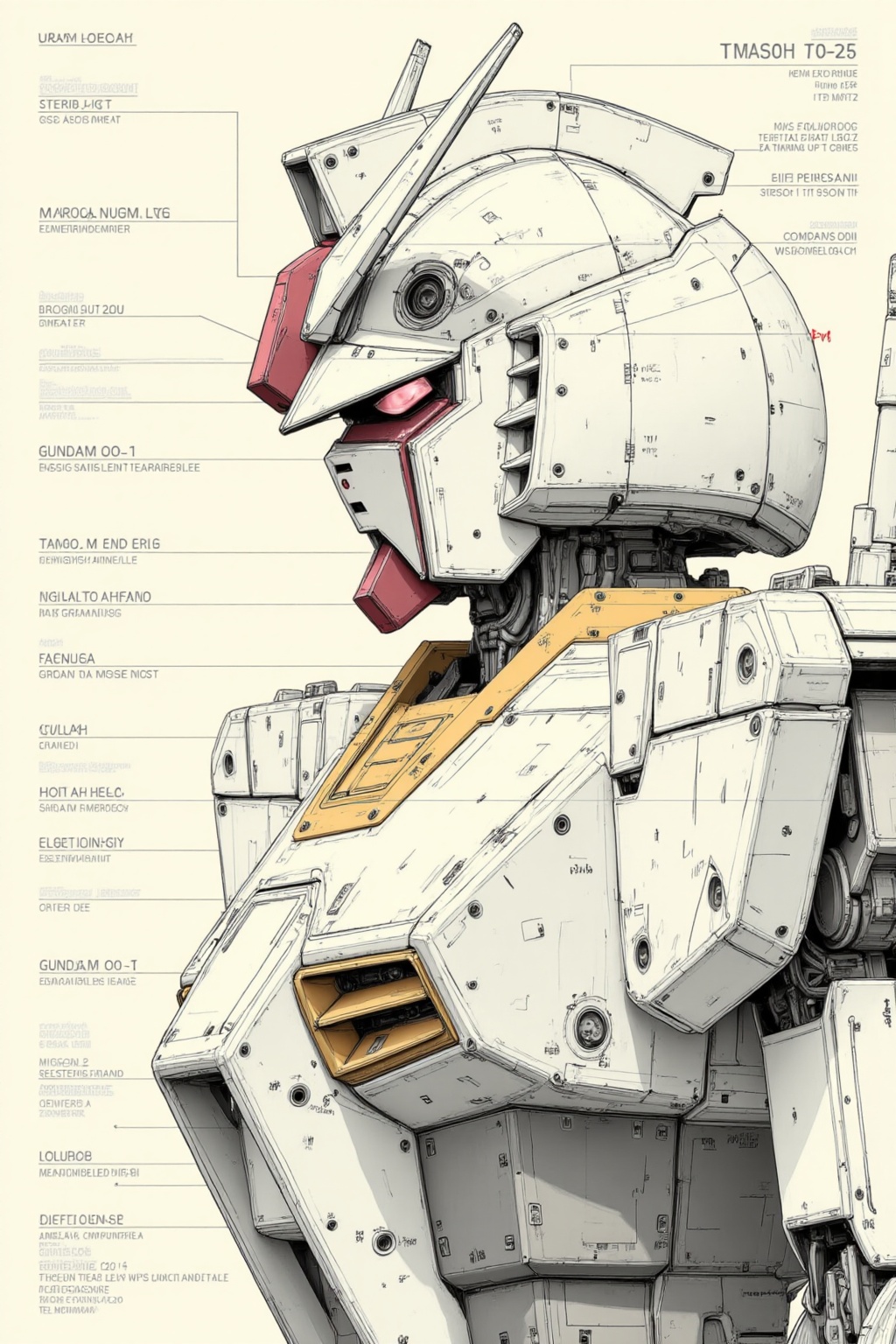 ddd Black and white line drawing The image depicts a detailed illustration of a mecha specifically a Gundam model with var...