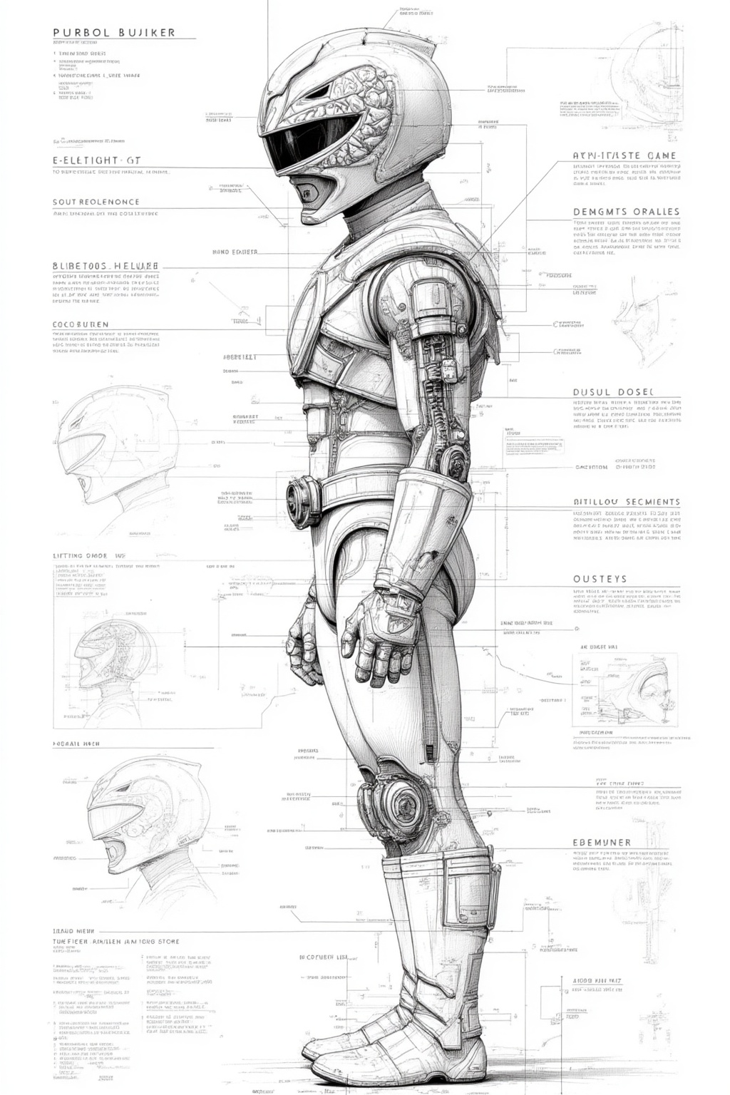 ddd Black and white line drawing The image depicts a detailed technical drawing of a futuristic character in a costume acc...