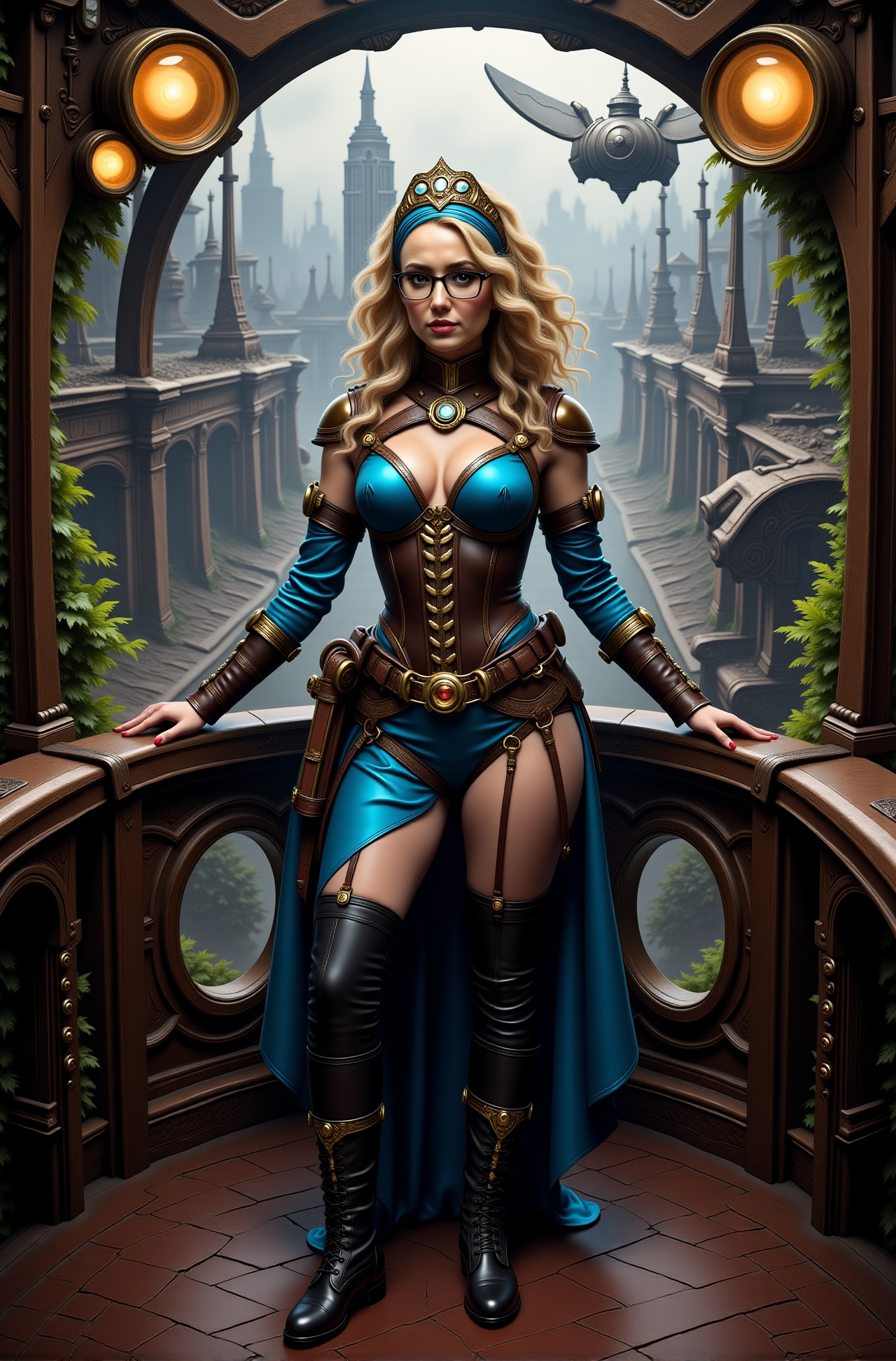 Realistic image depicting Katherine Timpf as a stunning steampunk pirate standing confidently on the deck of an intricatel...