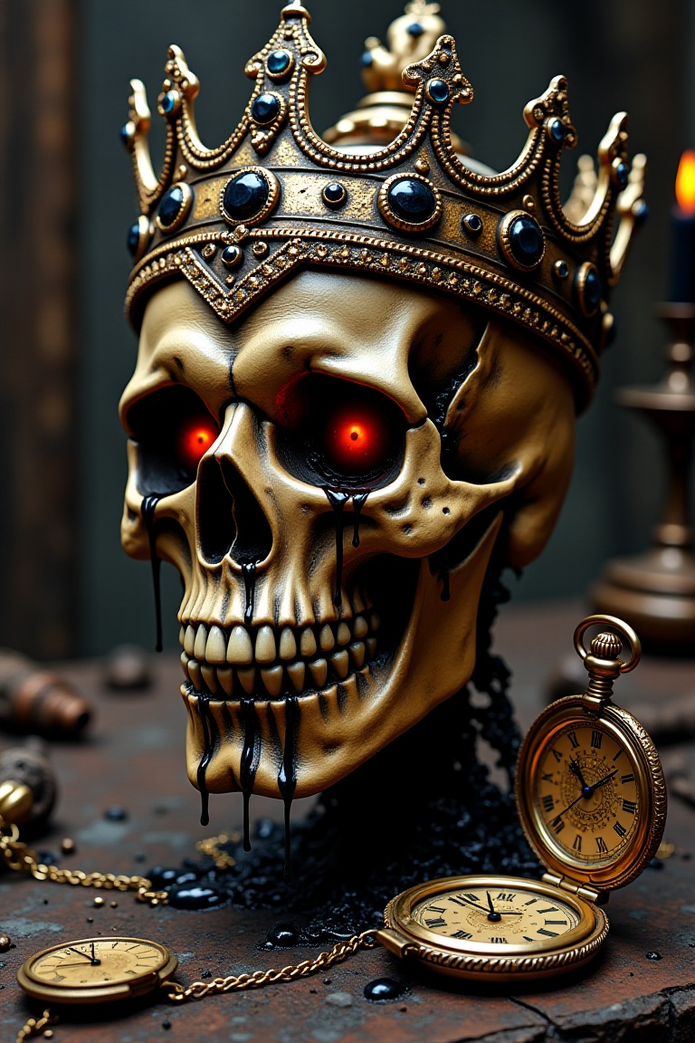 An old gold pocket watch embedded in the forehead of a skull wearing a regal crown studded with dark jewels. The watch han...