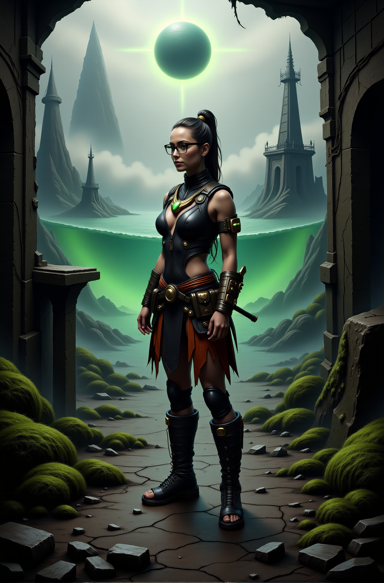 post-apocalyptic concept art,  ((tribal girl)) with bone necklace and scavenged tech armor,  standing barefoot on cracked...
