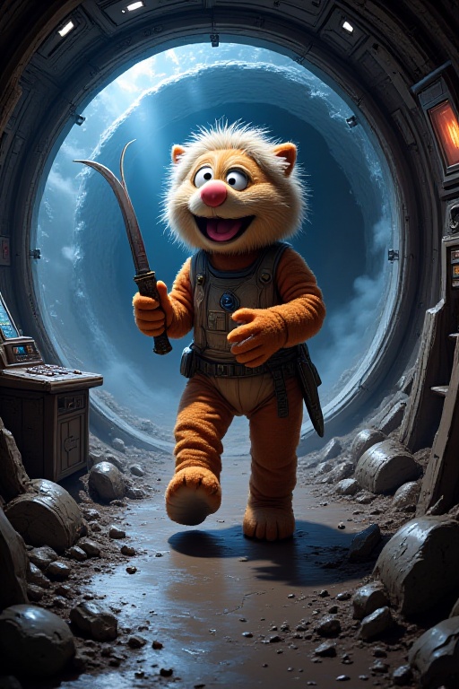 A creepy psychopath Tickle Me Elmo Doll with knife in hand stalks down the corridor of a starship,  its furry face eerily...