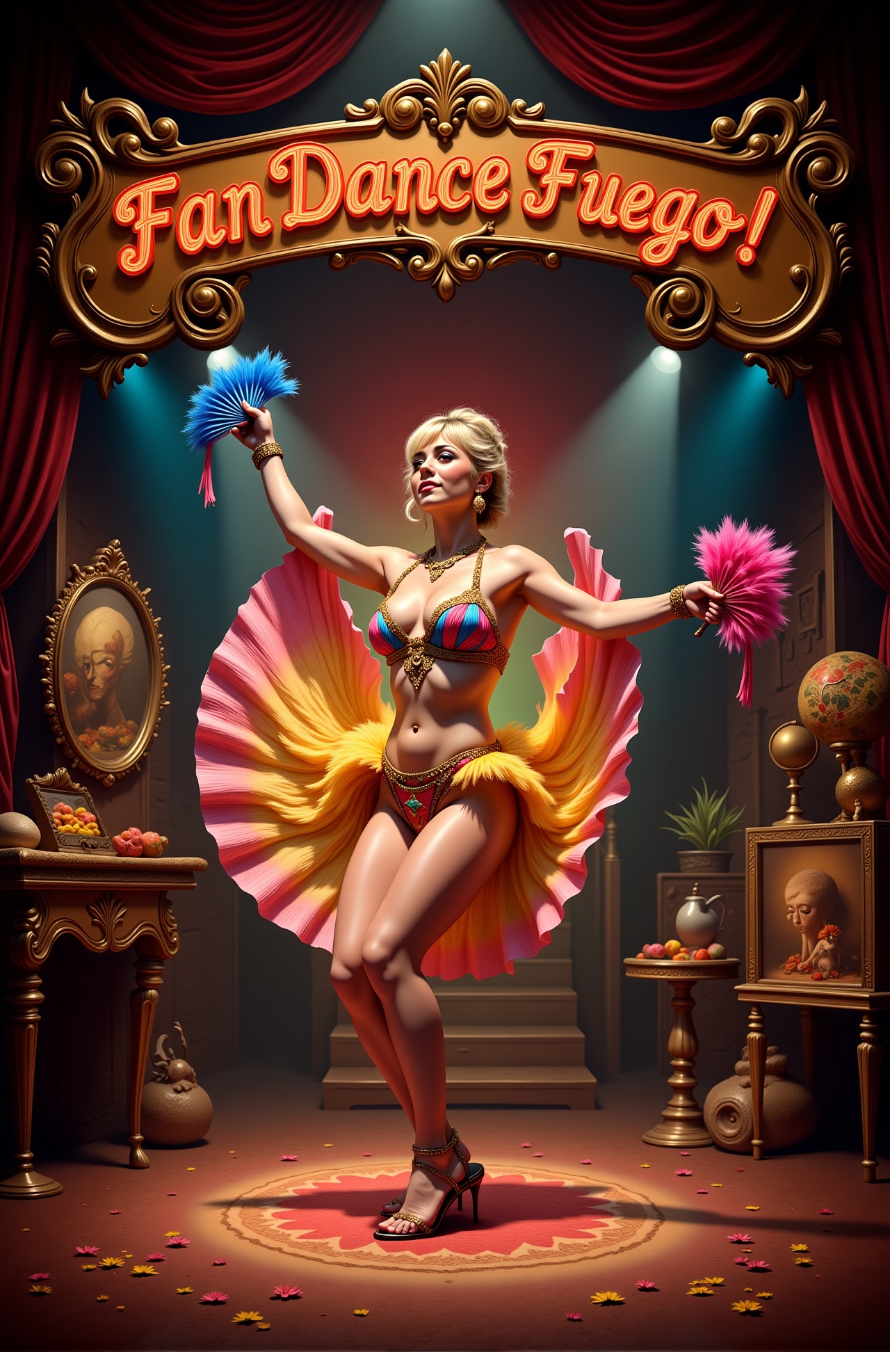 Ultra-realistic 1960s era burlesque stage scene. Intricately detailed humorous background stage decoration. Camera is focu...