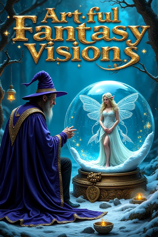 Top title in bold sparkling Fantasy font reads: "Artful Fantasy Visions 1.0",  transluscent words declare " Artful Fantasy...