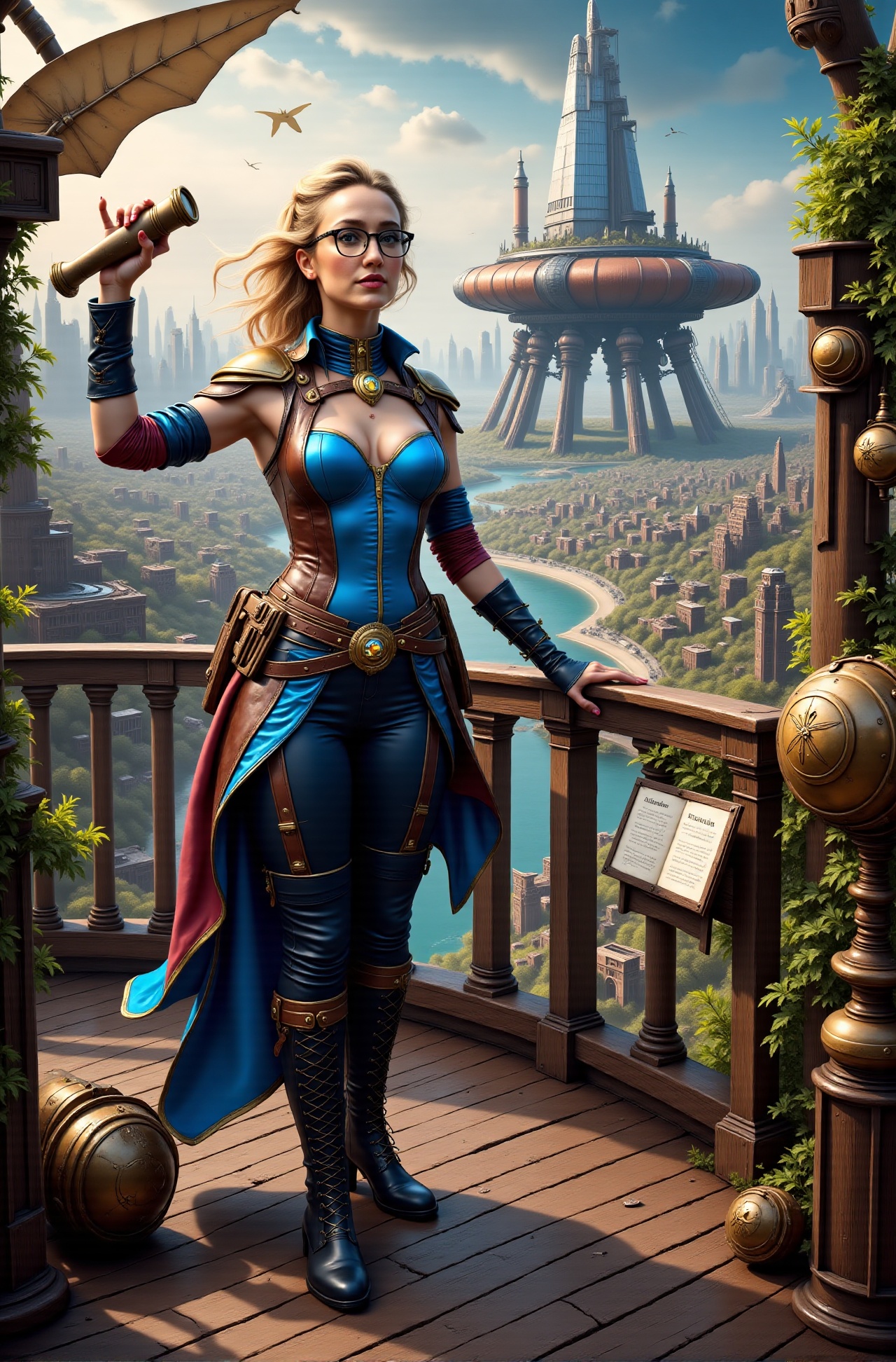 Realistic image depicting Katherine Timpf as a stunning steampunk pirate standing confidently on the deck of an intricatel...