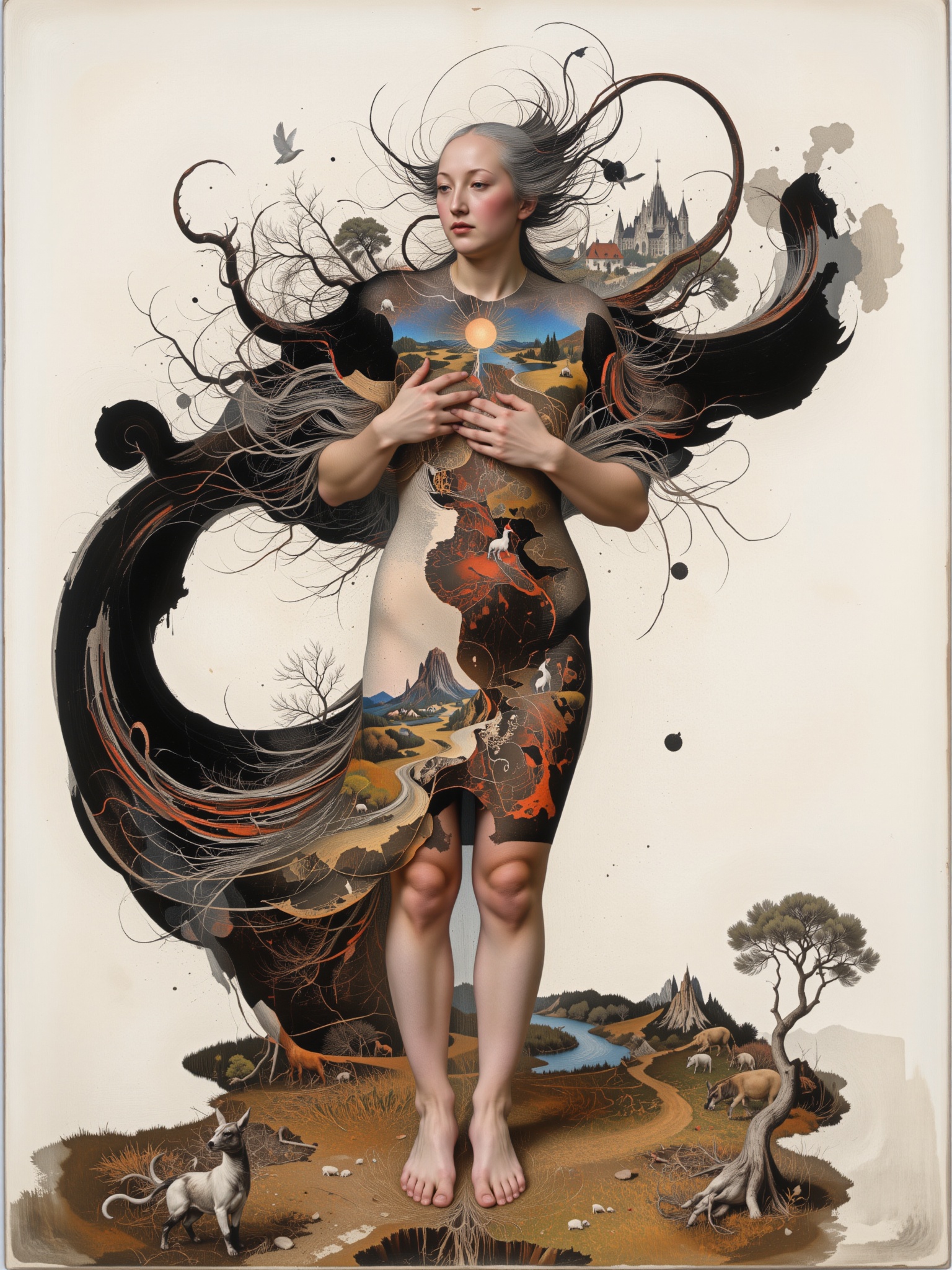 Surreal digital illustration painting in the style of Asa CHEN,  Mystical beauty stands barefoot,  shrouded in charcoal pe...