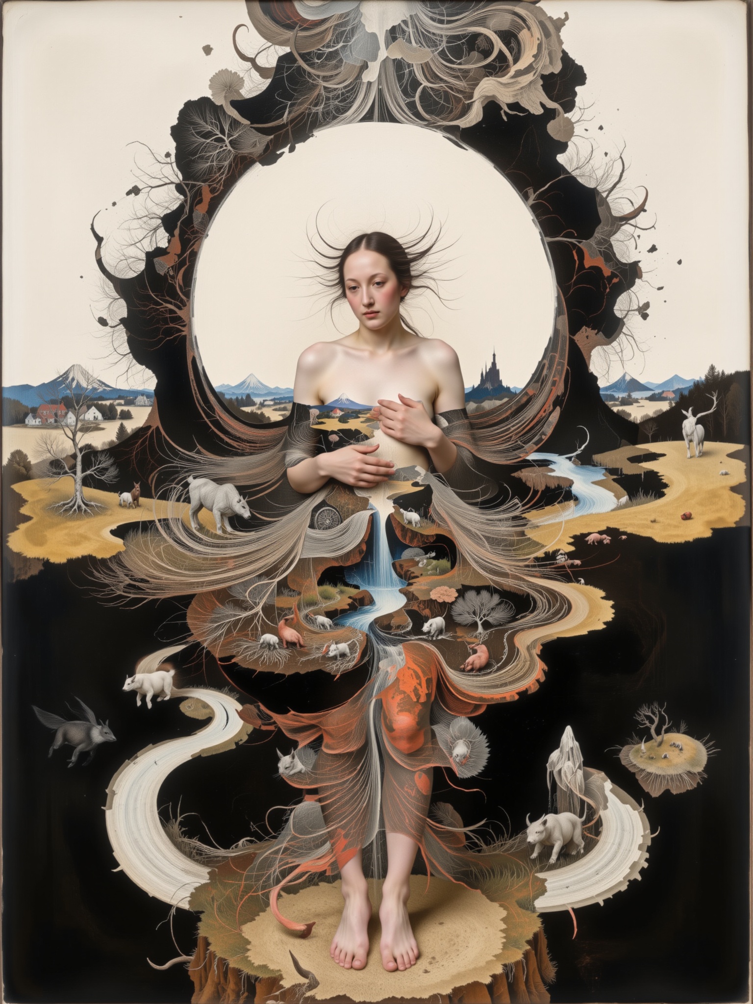Surreal digital illustration painting in the style of Asa CHEN,  Mystical beauty stands barefoot,  shrouded in charcoal pe...