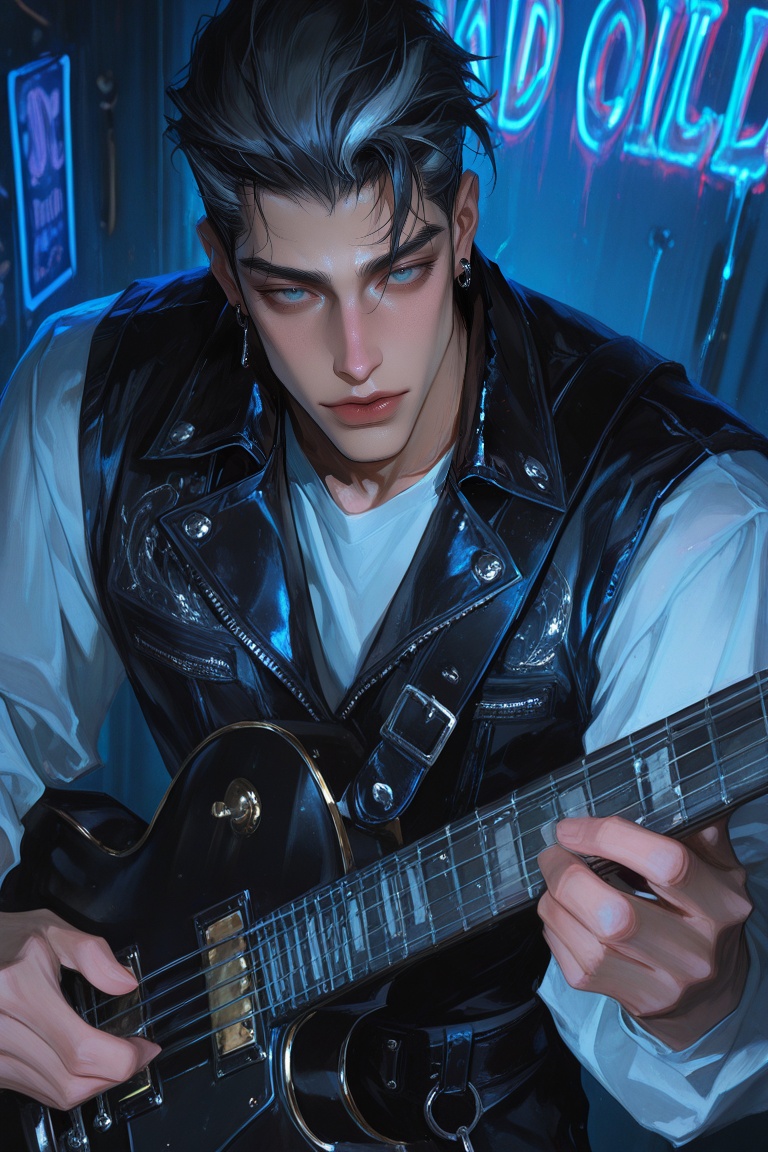 (96yottea) man,  blues rock guitarist,  grey streaked dark hair on Tensor.Art