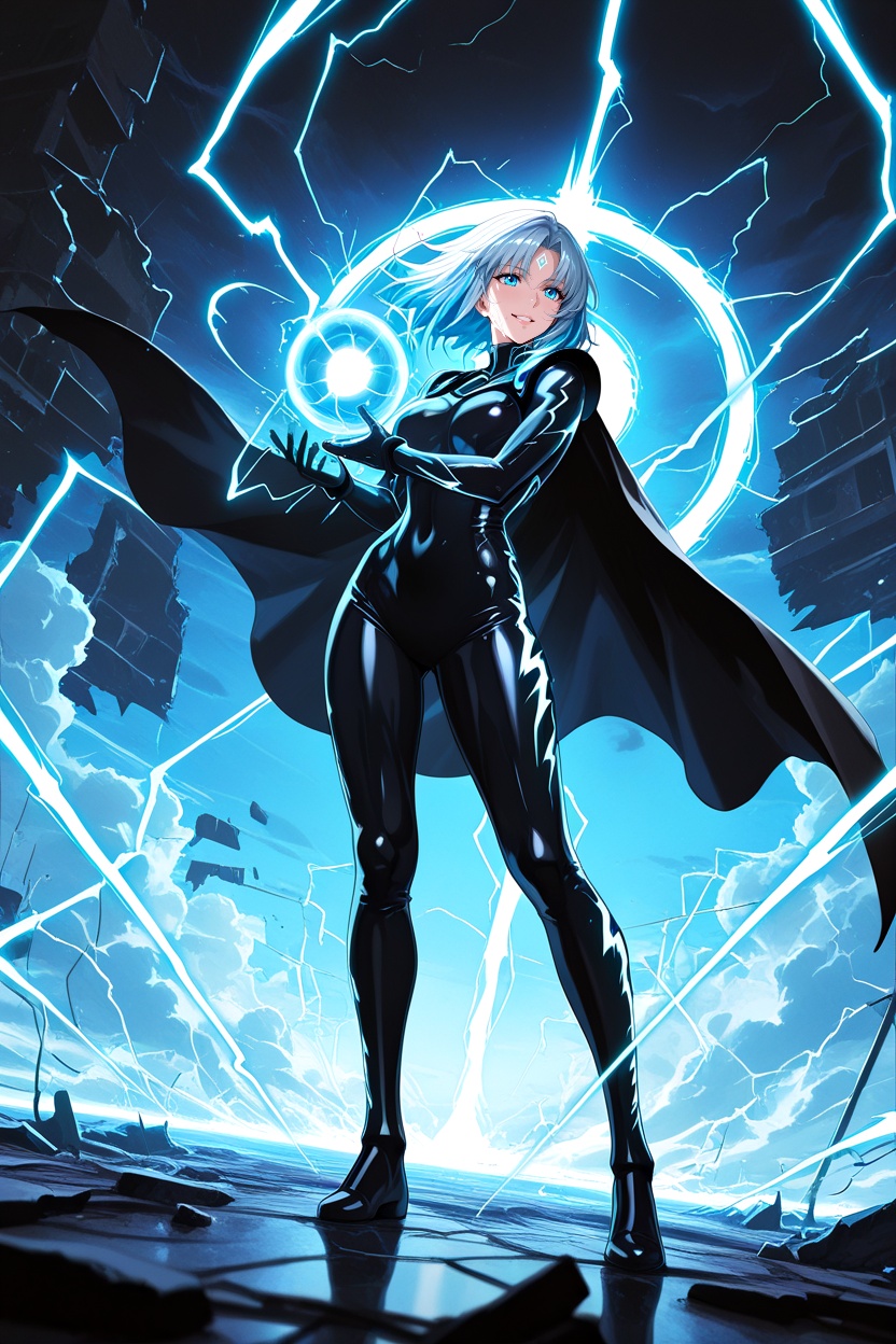 (arcs of lightning and plasma flickering through the air),  (strong blue-white light casting shadows and highlights),  (in...