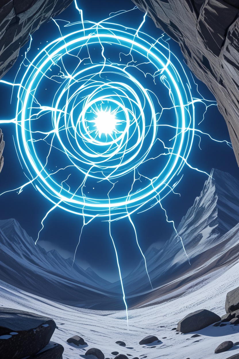 (perfectly spherical magic orb pressing into a mountain wall),  (glowing seams pulsing around the impact zone),  (magic sh...
