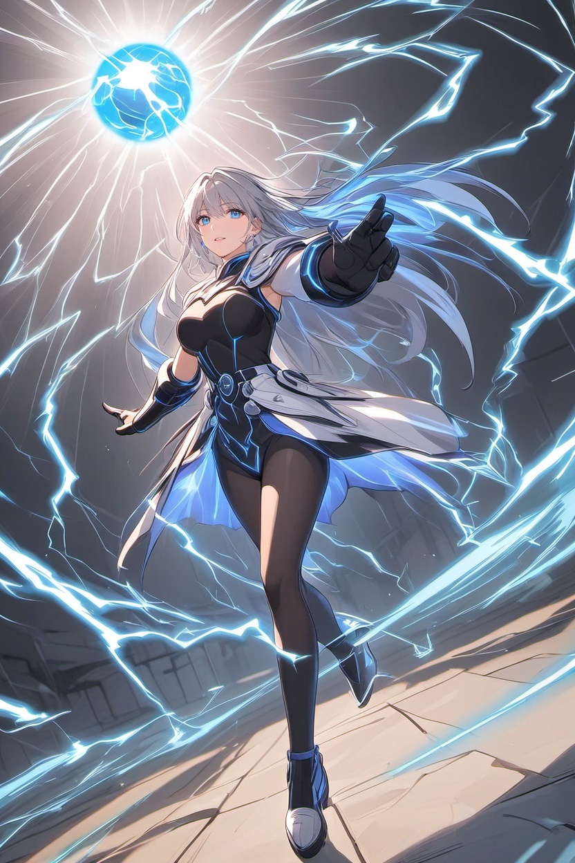 (arcs of lightning and plasma flickering through the air),  (strong blue-white light casting shadows and highlights),  (in...