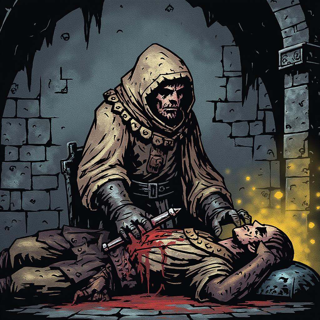 inked comic illustration in dd artstyle,  A grim-faced Plague Doctor in tattered robes,  holding a bloodied scalpel on Ten...