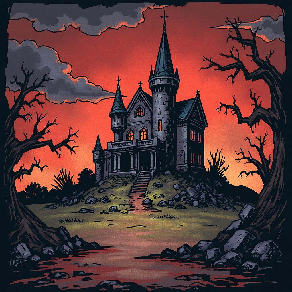 inked comic illustration in dd artstyle,  A decrepit,  gothic mansion looms in the distance on Tensor.Art