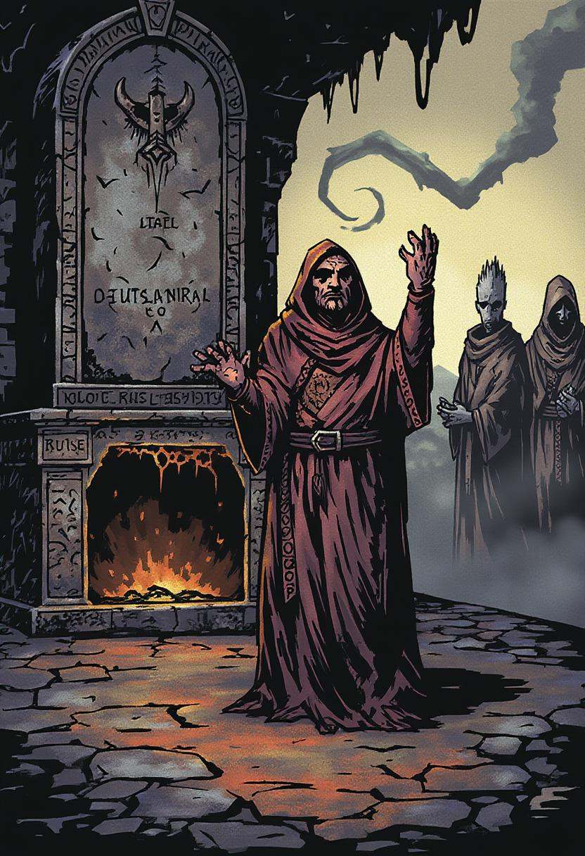 inked comic illustration in dd artstyle,  A robed cultist,  his eyes wide with feverish devotion on Tensor.Art