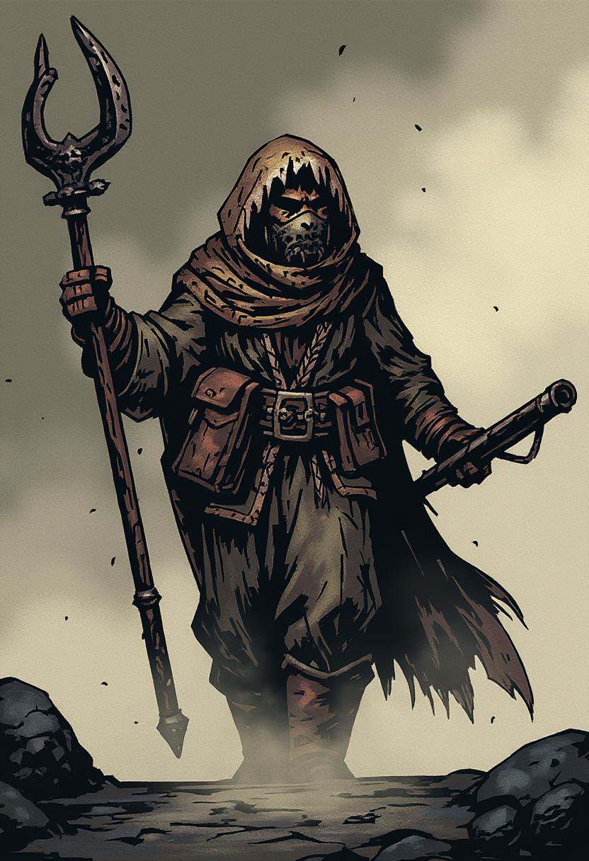 inked comic illustration in dd artstyle,  A grim Bounty Hunter with a tattered hood and iron mask,  holding a massive hook...