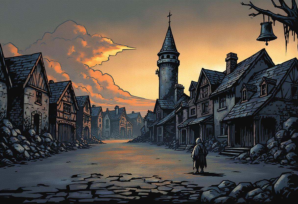 inked comic illustration in dd artstyle,  A ruined village,  its buildings crumbling on Tensor.Art
