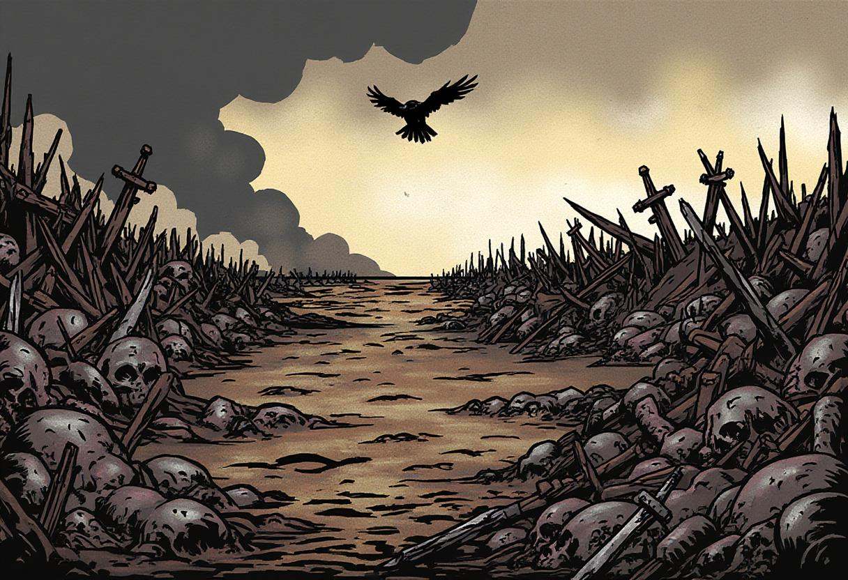 inked comic illustration in dd artstyle,  The aftermath of a brutal battle,  where shattered weapons and half-buried corps...
