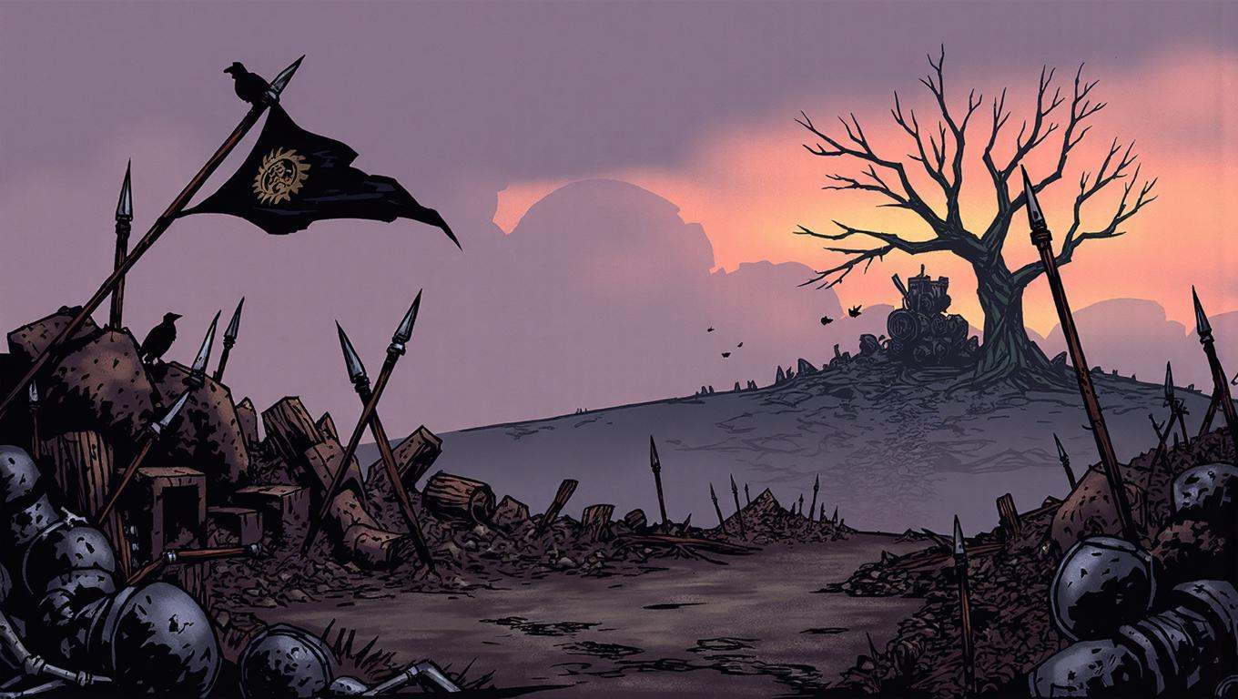 inked comic illustration in dd artstyle,  sprawling horizontal composition drenched in foggy mauve dusk,  with the broken...