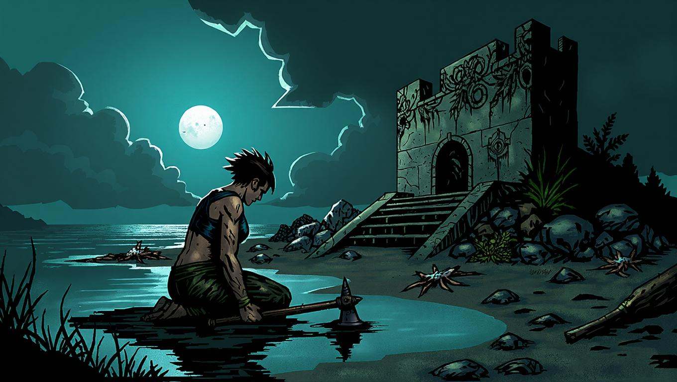 Inked comic illustration in dd artstyle capturing a solitary hellion in a 16:9 widescreen landscape,  kneeling on one knee...