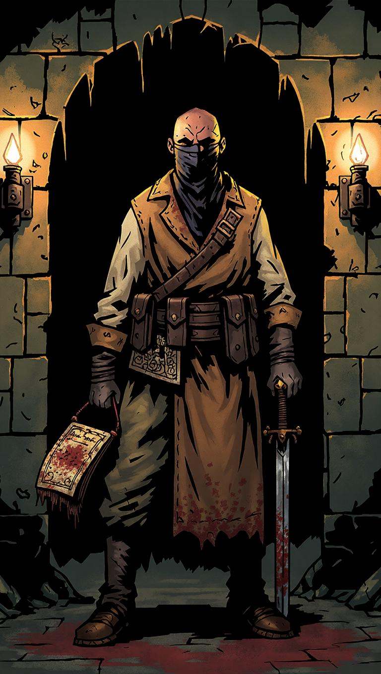 Inked comic illustration in dd artstyle of a grizzled highwayman posed front-facing,  framed waist-up in a vertical portra...