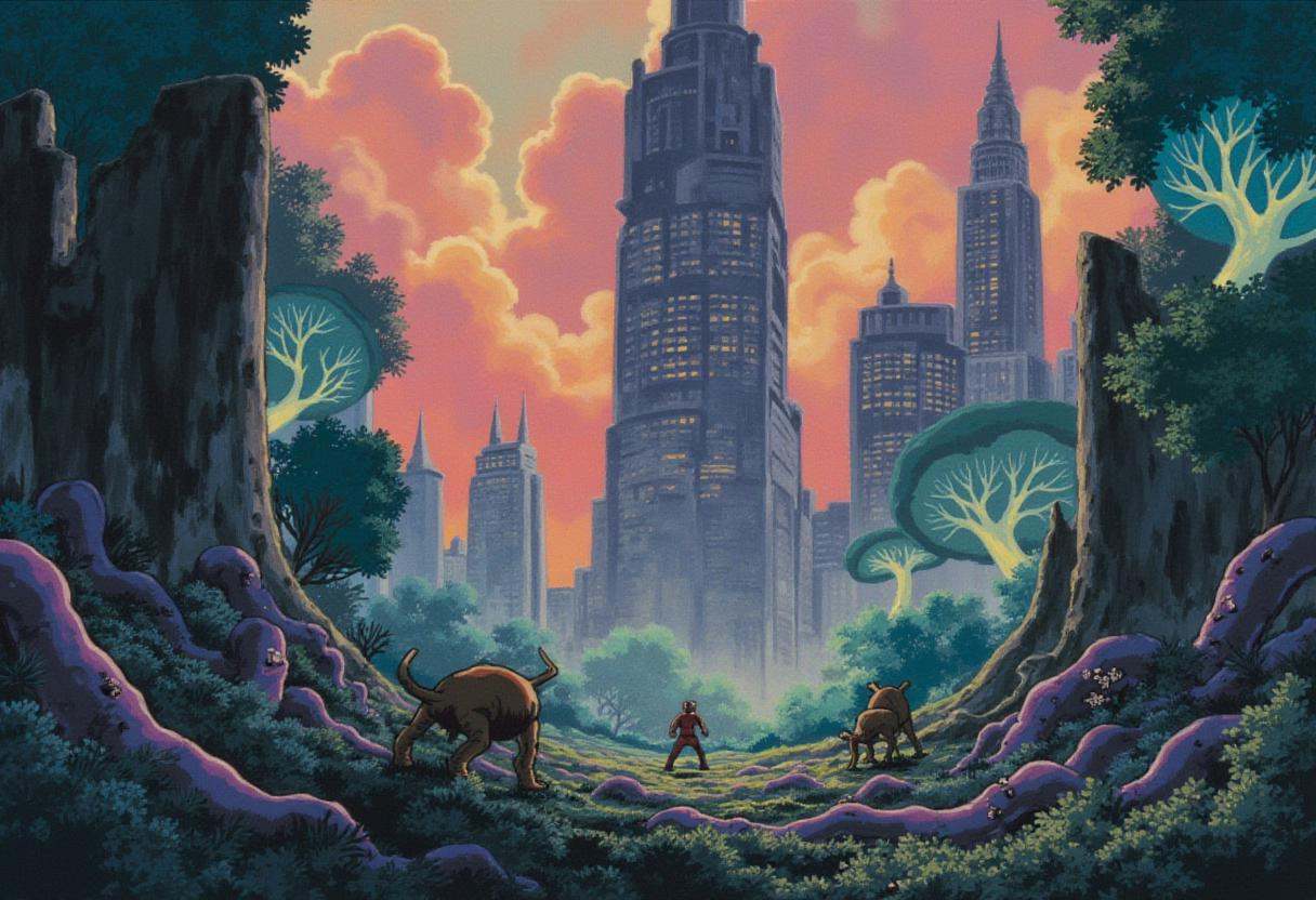 anime screencap in ng artstyle,  Ruins of towering skyscrapers are almost entirely consumed by massive fungal growths and...