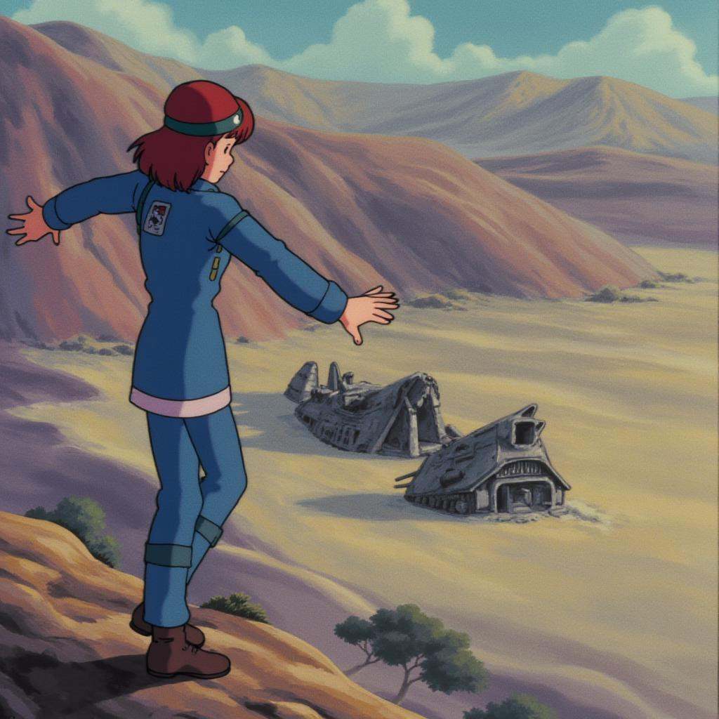 anime screencap in ng artstyle,  A young woman in a blue flight suit stands on a cliffside,  arms open on Tensor.Art