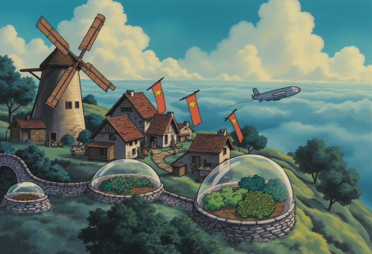 anime screencap in ng artstyle,  A peaceful village with wooden windmills and tall banners sits high above a toxic cloud s...