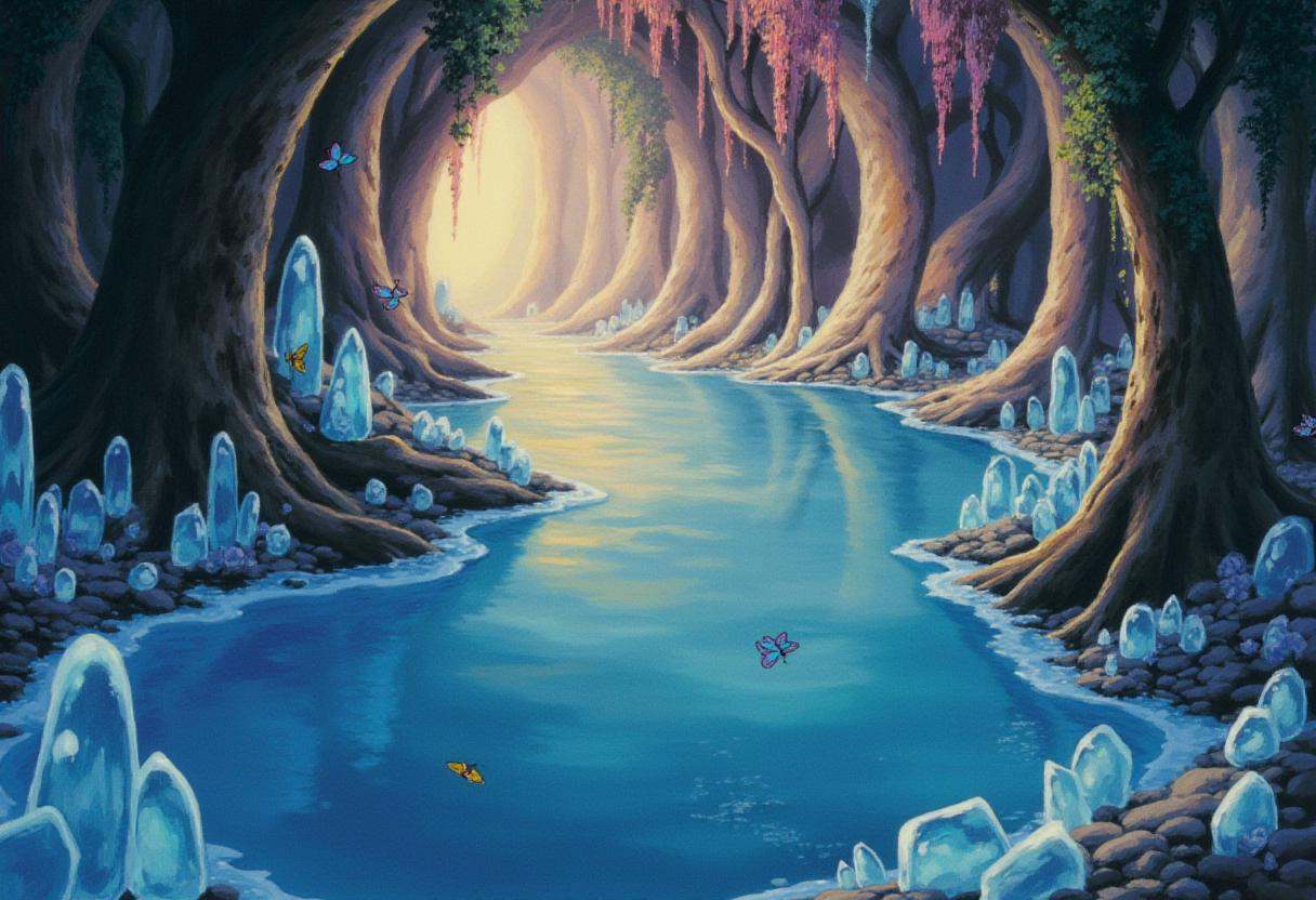 anime screencap in ng artstyle,  A hidden underground cavern filled with translucent,  glowing blue crystals and clear wat...