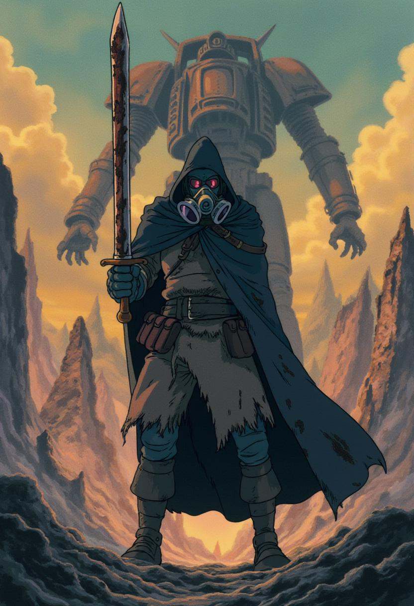 anime screencap in ng artstyle,  A grim survivor stands in a ruined industrial wasteland,  gripping a corroded sword. His...