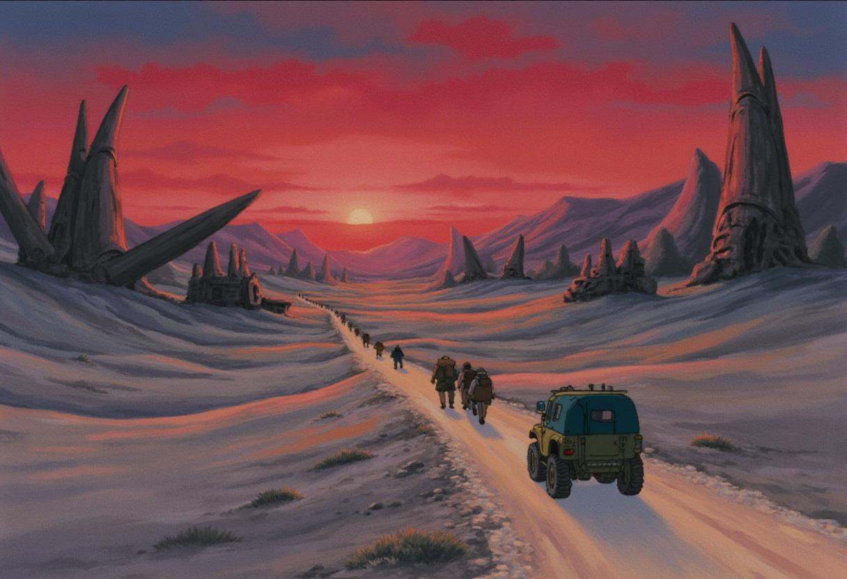 anime screencap in ng artstyle,  A line of travelers on foot and makeshift vehicles move across a vast desert where the sk...