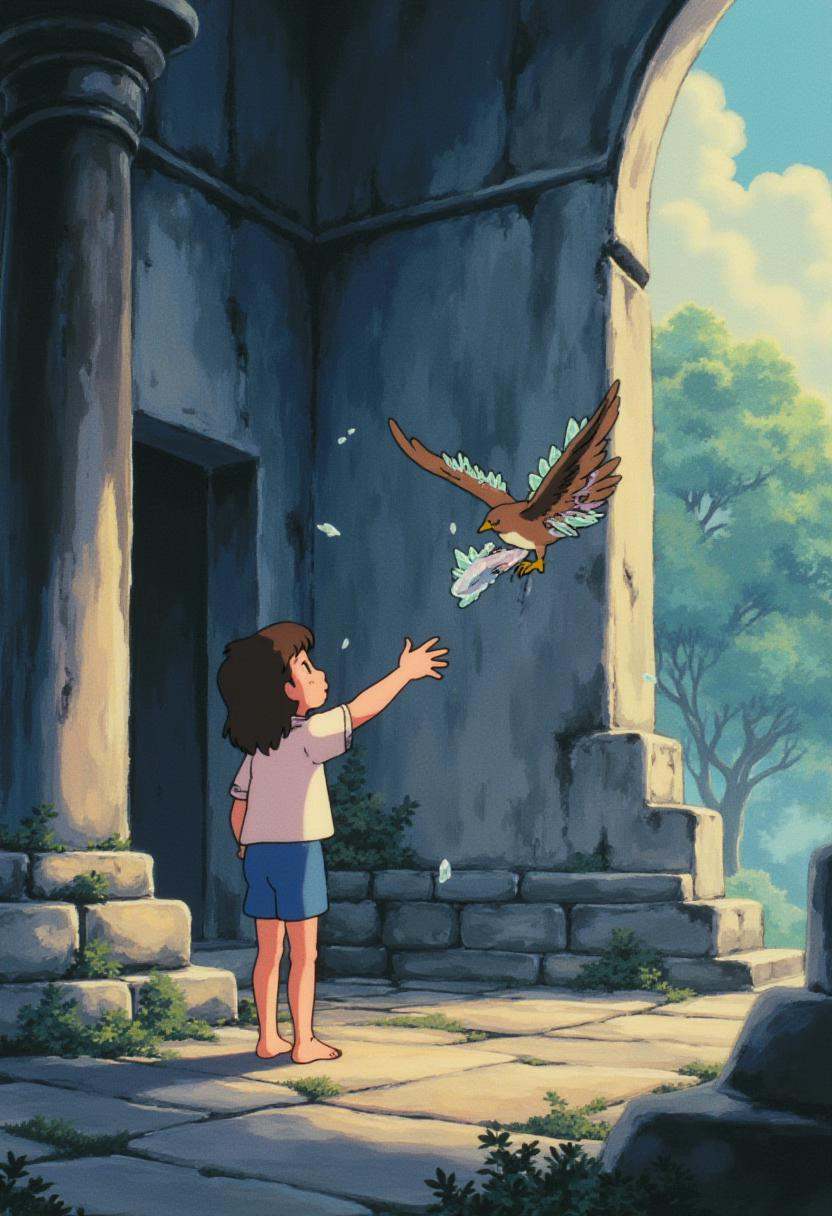 anime screencap in ng artstyle,  A barefoot child stands in an abandoned temple,  releasing a small bird with strange crys...