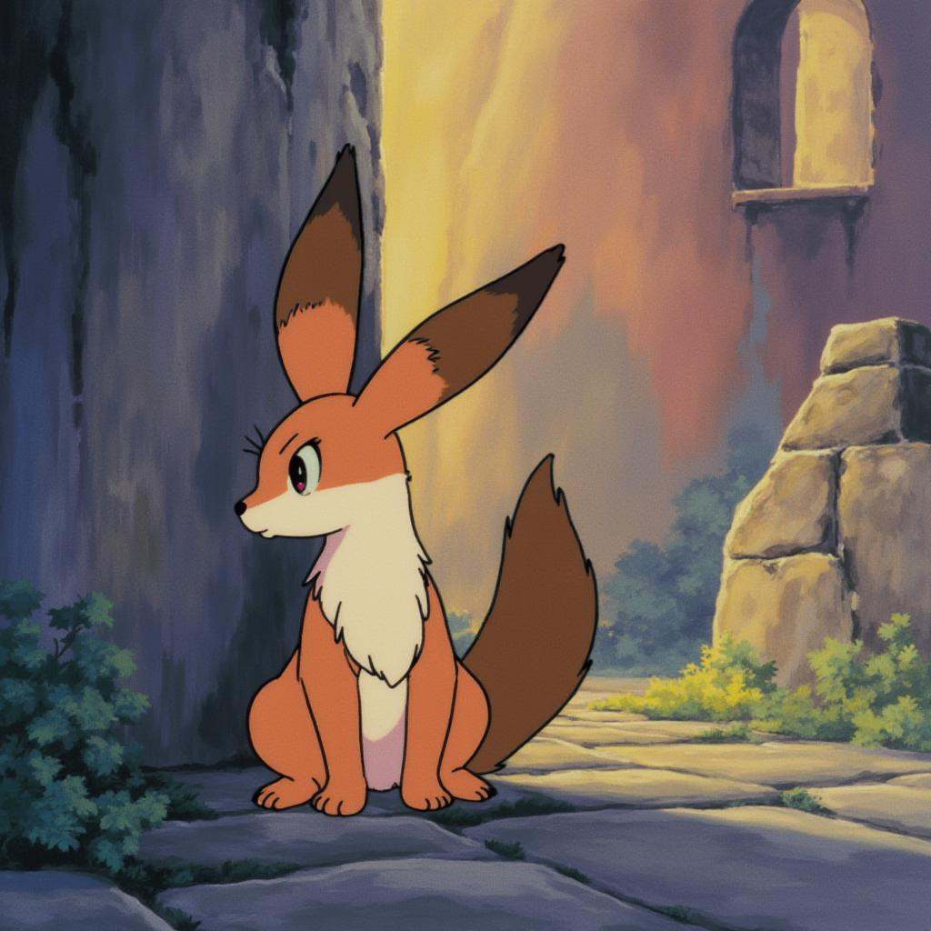 anime screencap in ng artstyle,  A curious fox-squirrel with large ears and a fluffy tail sits upright next to a traveölle...