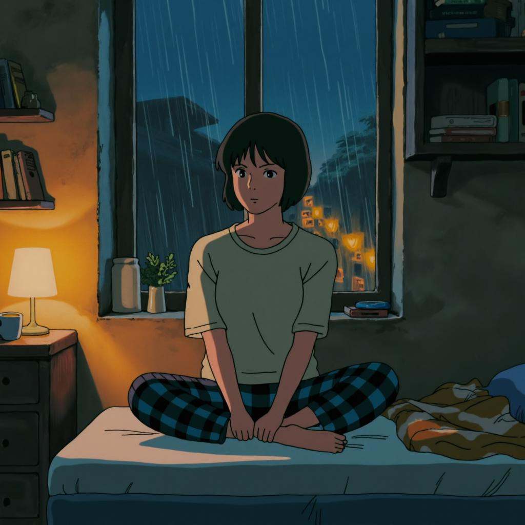 anime screencap in ng artstyle capturing a dimly lit corner of a small,  cluttered apartment bedroom. The soft glow of a d...