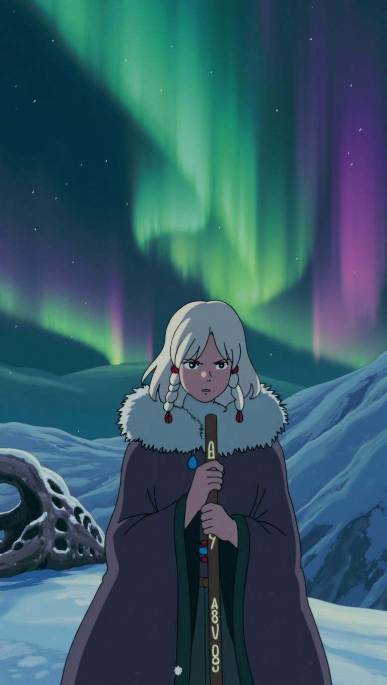 anime screencap in ng artstyle,  vertical 9:16 frame showing a portrait of a woman standing alone atop a snowy ridge under...