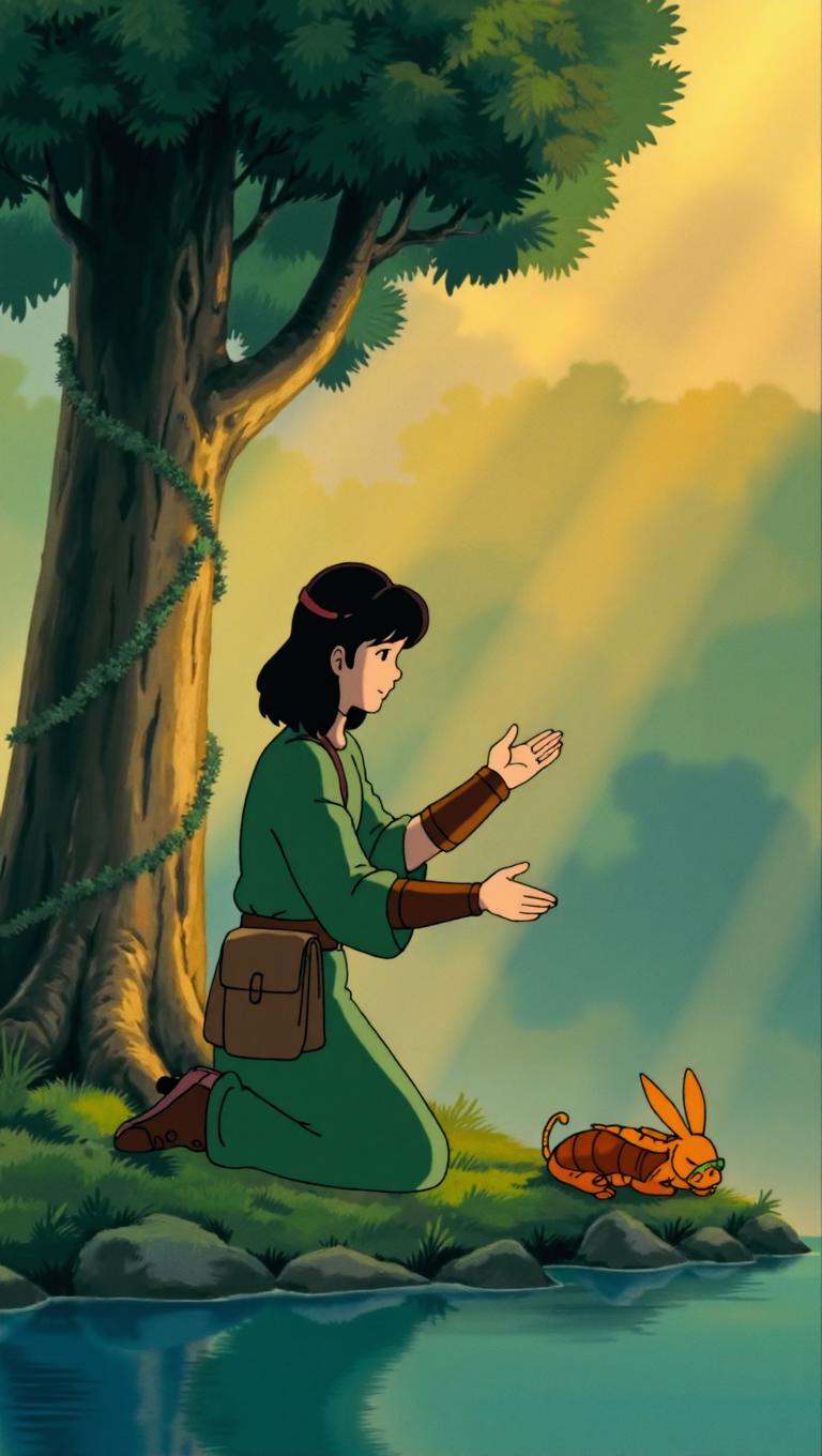 anime screencap in ng artstyle,  vertical 9:16 frame showing a tranquil forest glade at dawn,  bathed in golden morning mi...