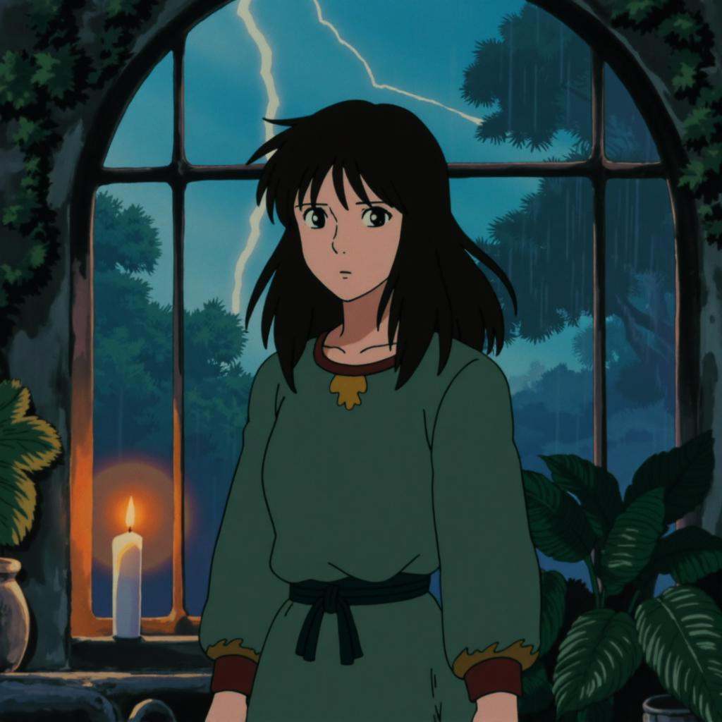 anime screencap in ng artstyle,  square 1:1 frame capturing an intimate nighttime portrait of a woman standing inside a ca...