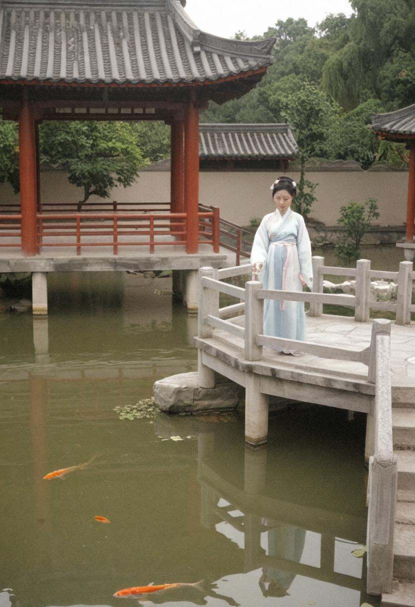 photograph tranquil classical garden a chinese woman in hanfu . winding paths,  ornate pavilions,  and koi ponds on Tensor...