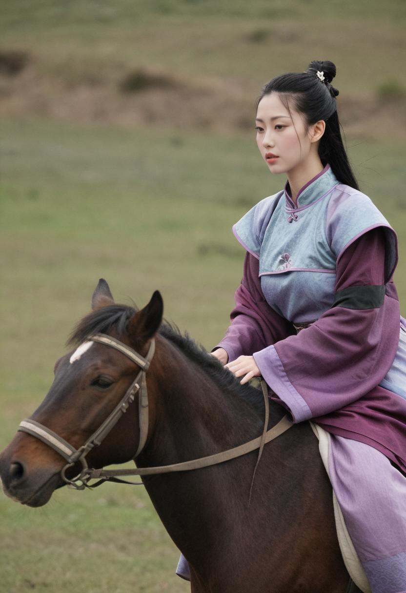 Photograph,  A woman wearing Ancient Chinese Clothing,  Riding horses on the grassland on Tensor.Art